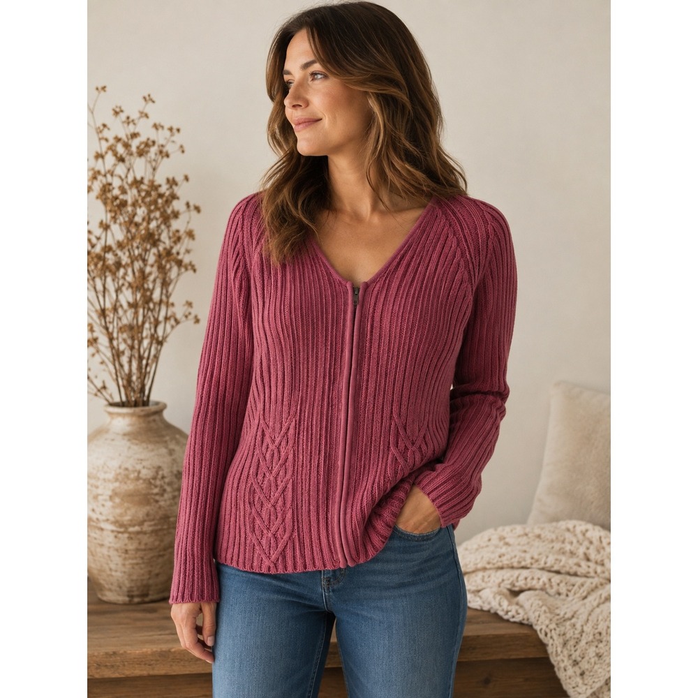 Cabela's Cotton Blend V Neck Heavyweight Knit Zip Front Cardigan XL Dusty Rose